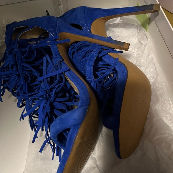 Steve Madden Fringly Cobalt Blue Suede Heeled Sandals - Picture 2 of 4